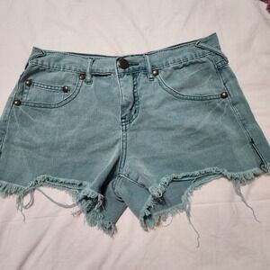 Free People Teal‎ Aqua Green Denim Jean Raw Cut Destroyed Mid Rise Shorts Sz 26